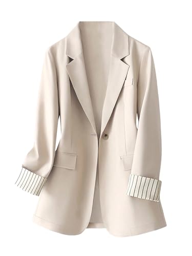 WDIRARA Women's Open Front Lapel Neck Blazer Striped Cuff Long Sleeve Business Work Suit Jacket