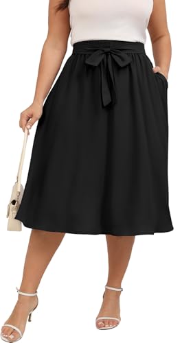 Xpenyo Womens Plus Size Midi Skirts Summer Elastic High Waisted Boho Casual Beach Flowy Swing Knee Length Skirts with Pockets