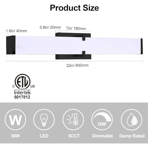 Image of 32Inch 36W Modern Black Bathroom Light Fixtures 3200 Lumens 5CCT