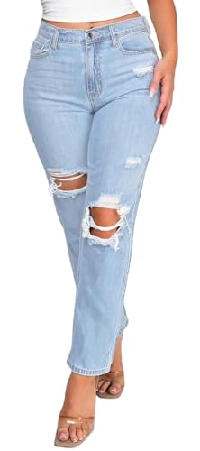 ZonJie Jeans for Women High Waist Wide Leg Distressed Raw Hem Destroyed Straight Leg Stretchy Denim Pants2