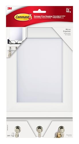 Command Mirror Organizer with 3 Key Hooks and Small Ledge, Holds up to 2 lb, Quartz, Removable Wall Mirror for Entryway or Hallway, Perfect for On-the-go Items