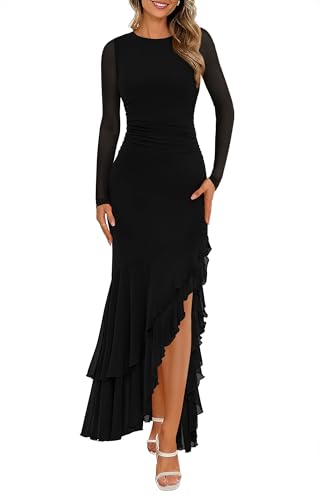 BTFBM Women's Maxi Dresses Spring 2026 Long Sleeve Ruched Bodycon Solid Ruffle Mermaid Cocktail Wedding Guest Dress(Black,Large)