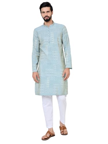 Image of See Designs Men's Full Sleeve Mandarin Collar Floral Embroidered Mandarin Collar Thread Work Straight Long Kurta with Pyjama - Festive Collection