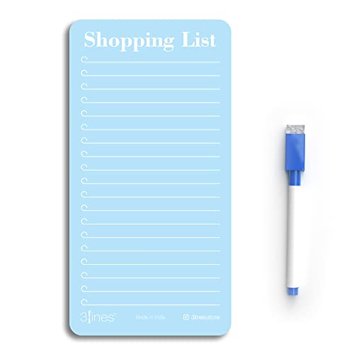 Image of 3 Lines Shopping List Fridge Magnet with Marker|Smart Planning & Shopping for Family, Working Professionals| Acrylic Magnetic Notepad for Kitchen Organisation|12x24 cms|Light Blueberry Color|Large