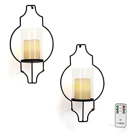 LampLust Flameless Candle Wall Sconces - Glass Hurricane Holders with Flickering LED Pillar Candles, Warm White Light, Black Metal Frame, Battery Operated, Remote Included, Set of 2 Cover