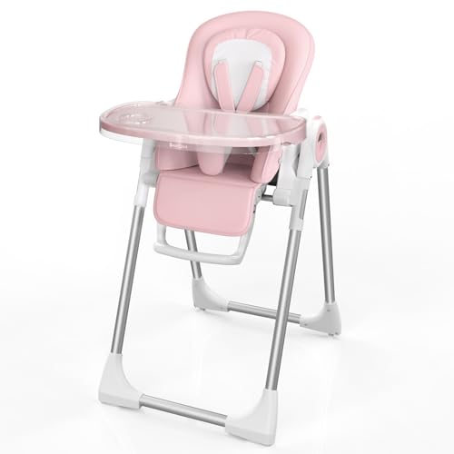 Babilous High Chair Foldable High Chairs for Babies and Toddlers Ultra Safe for Infant with Lockable Wheels Easy Clean Removable Tray/Adjustable Footrest for Baby Feeding HighChair Pink