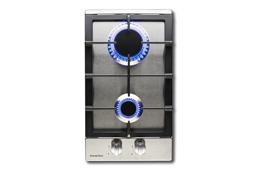 PremierTech Piano Cottura a Gas, 2 Fuochi, 30cm, Domino, Acciaio Inox, Supporto in Ghisa Professionale, predisposto Metano e kit ugelli GPL inclusi, da Incasso, PC2G30