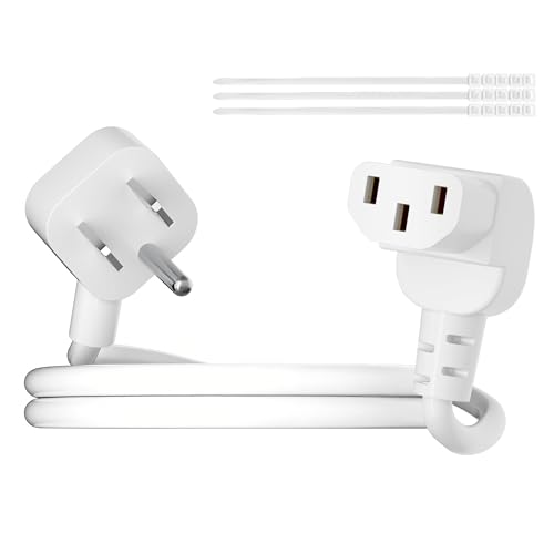 Adoreen 4 Ft Computer TV Replacement Power Cord White Low Profile Flat Plug to 90 Degree Angled L-Shaped 18AWG 3-Prong AC Universal Power Supply Cable for Printer PC Monitor TV LCD ETL+Ties