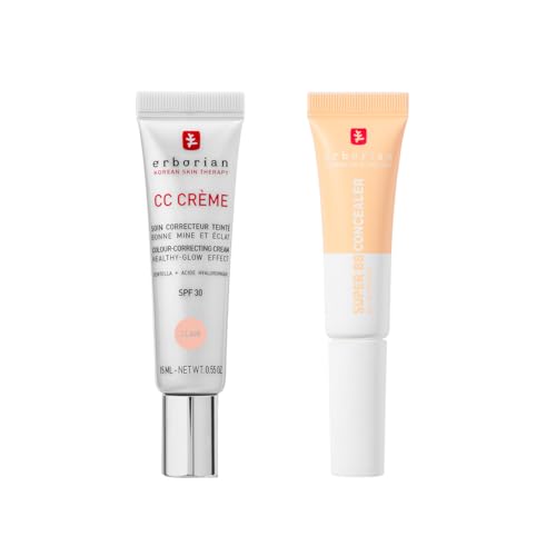 Erborian - CC Cream con Centella Asiatica Clair 15 ml - Crema Correctora de Color + Super BB Concealer Nude 10 ml - Corrector de Tratamiento de Alta Cobertura Enriquecido