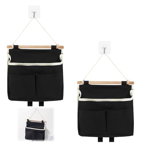 Organizador colgante, 2 Pcs Bolsa De Alamcenamiento Colgante Pared en Tela de Algodón y Lino, con 3 Bolsillos y 2 Ganchos Adhesivos, Ideal para Cocina, Baño, Oficina y Dormitorio - Color Negro