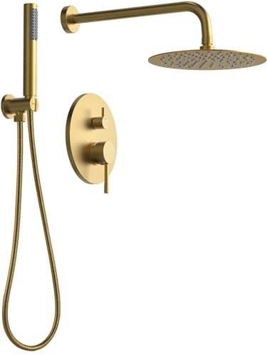 EVERSTEIN 10 High-Pressure Rainfall Shower System with Handheld Spray Wall Mount Bathroom Shower Faucet Set (Brushed Gold)