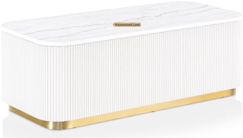 Image of Luxury Rectangle White Coffee Table with Nano Composite Marble-Look Top & Gold Base, Waterproof Plywood, Contemporary Center Table with Ribbed Fluted Design for Living Room & Home Decor