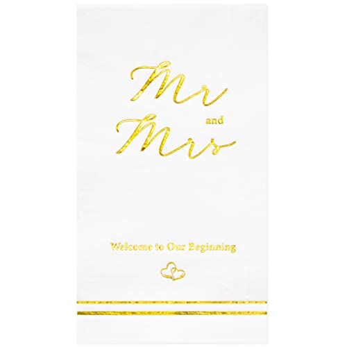 Crisky 100 Stück Hochzeit Abendessen Servietten Goldfolie Mr Mrs Servietten für Hochzeit Empfang Bankett Dekorationen, 3-lagig Cover