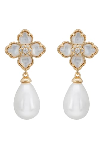 Latelita Pendientes colgantes de plata de ley chapada en oro de 18 quilates, piedra preciosa natural, pera, perla blanca de Majorica, oro inspirado en la naturaleza de junio, Plata de ley, Mother of