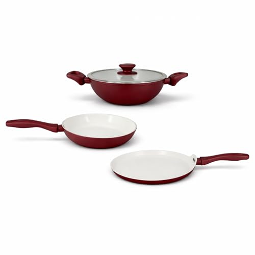 Image of SALFORD Forged Ceramic Set of 3+1 (Kadai 240mm + Frypan 240mm + Tava 260mm + Glass Lid) with Tubular SS Handle I Induction Base & Gas Ready I 2 Year Warranty (Wine & Vanilla)