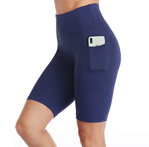 UURUN High Waisted Workout Shorts for Women Yoga Shorts with Pockets, Tummy Control Running Athletic Biker Compression Mesh Shorts for Sports Gym Training Blue-L 8