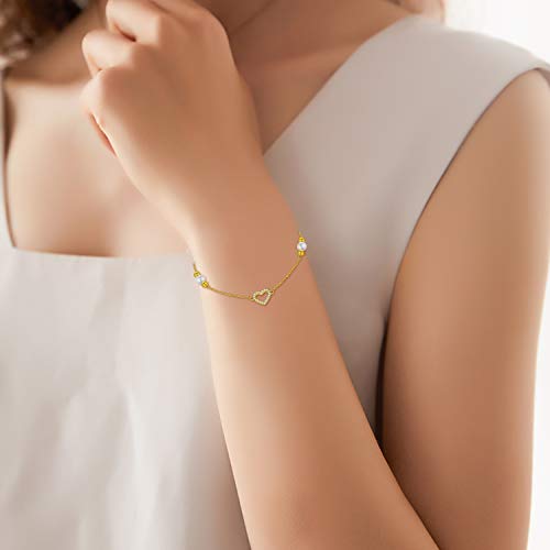 Solid 14K Gold Heart Bracelet For Women Freshwater Cultured Pearl Bracelet With Beads Dainty Jewelry Gifts For Her, Mum,Wife,6.5+1+1 Inch #TOP1