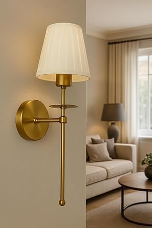 Image of Antique Gold Long Lamp with Cream Pleated Fabric Shade Lamp | Wall Lamp with Metal Frame | Decorative Lighting Fixture for Living Room, Bedroom, Hallway