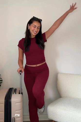 Image of AYWA Women's 2 Piece Lounge Sets Short Sleeve Crop Top Foldover Flare Pants Casual Pajama Outfits