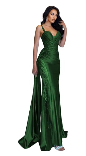 V Neck Spaghetti Straps Prom Dress Sequin Laces Appliques Mermaid Split Side Evening Gown with Train for Women