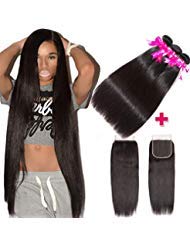 Subella Brazilian Straight Hair 3 Bundles with Closure Double Weft Human Hair Bundles with Free Part Closure (14 16 18+12)