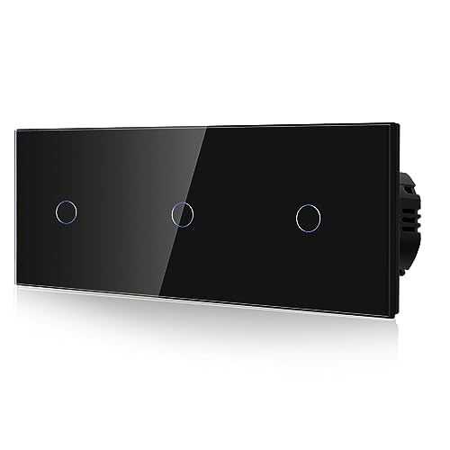 BSEED Touch Lichtschalter 1 Fach 1 Weg Drei Normaler Berührungsschalter Kein Neutralleiter Glasscheibe 228mm Wandleuchtenschalter Schwarz