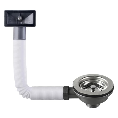 Fregadero de cocina, sifón de acero inoxidable, colador, desagüe con rebosadero rectangular, válvula de cesta de 114 mm, para cocina, baño