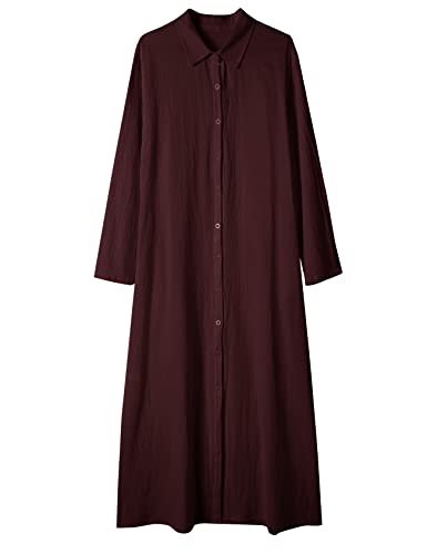 Image of Ladyful Women's Cotton Linen Maxi Dress Summer Long Sleeve Shirt Dress | Button down, Collared, Pockets, Solid color /Striped, Summer Caftans for women, Plus size, Cotton maxi dress for Party, Beach