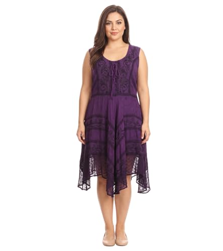 Image of Sakkas Sundara Stonewashed Rayon Embroidered Mid Length Dress