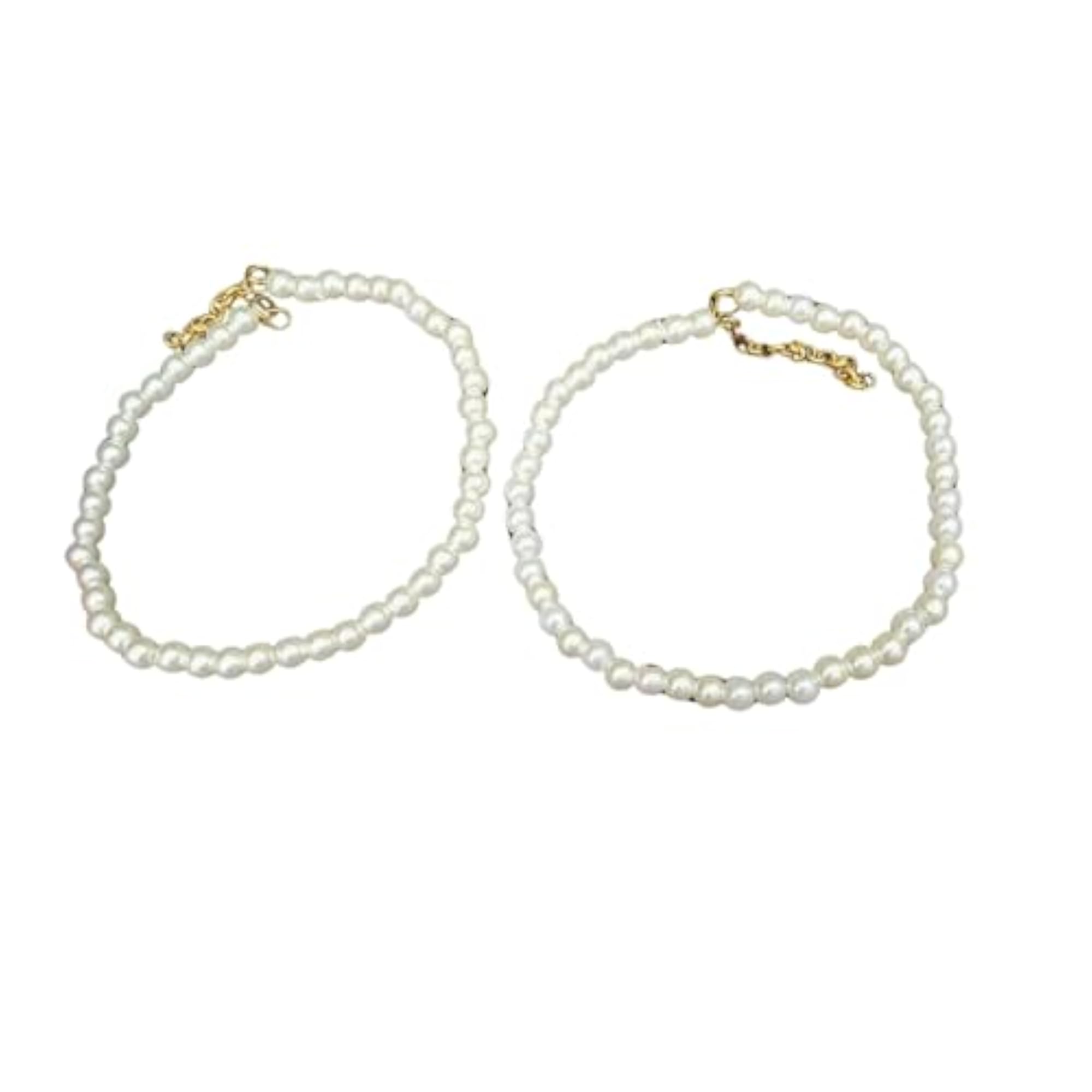Pack of 2 Women's White Stone Stud Brass Anklets