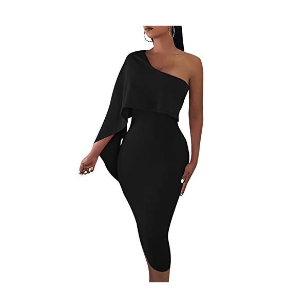 GOBLES-Womens-Summer-Sexy-One-Shoulder-Ruffle-Bodycon-Midi-Cocktail-Dress GOBLES Women's Summer Sexy One Shoulder Ruffle Bodycon Midi Cocktail Dress Black