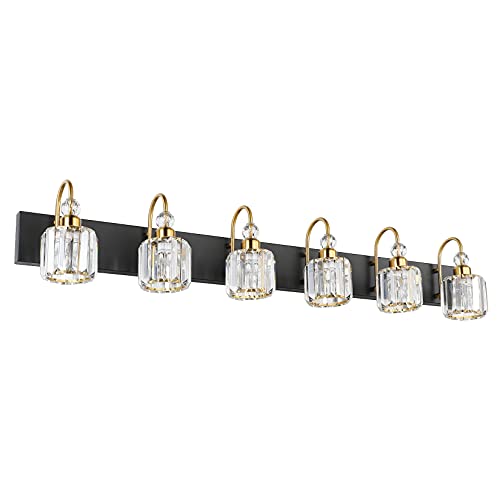 Image of Ralbay Crystal Vanity Lights 6-Lights Modern Crystal Bathroom Vanity Lights Over Long Mirror Modern Black Gold Bathroom Vanity Lighting Fixtures