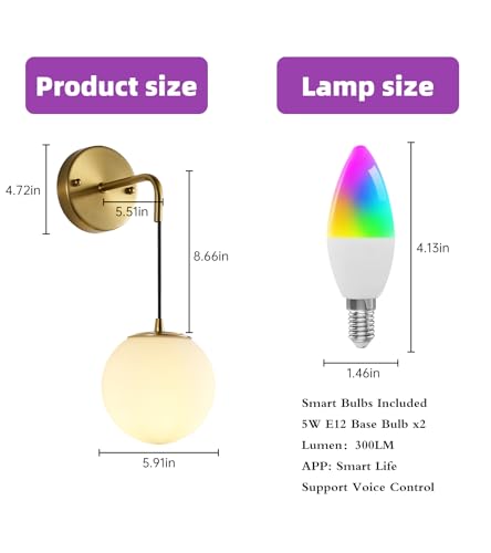 Image of Globe Wall Sconce Set of 2, Frosted White Glass Wall Lighting Fixtures with 2 Smart LED Bulbs for Bedroom Hallway Living Room Bathroom，Brass