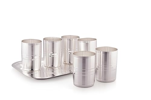 Image of Silverglow Onovo Tray Glass Set | Silver Plated Glass Set of 6 with Tray | Juice, Water, Beverages Serving Set | Tableware Set | Perfect Diwali, Office, Wedding Return Gift Item