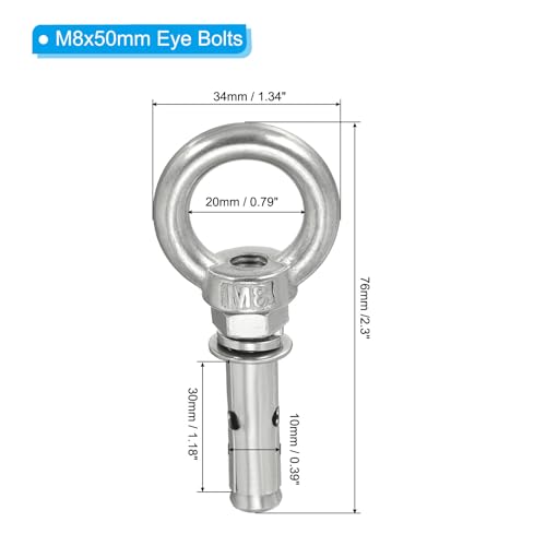Image of PATIKIL Expansion Eye Bolt M8x50mm, 4 Pack 304 Stainless Steel Shoulder Anchors Eyebolt Screw with Eye Ring for Concrete Brick Walls Canopy Engineering Rigging Silver