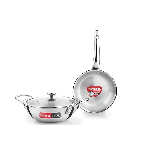 Image of Crystal TriPro Triply Stainless Steel 3 Pcs Cookware Set | Kadai 22cm with Glass Lid and Frypan 18cm | Less Oil Use, Healthy Cooking - Induction Bottom