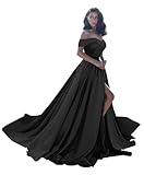 Satin Prom Dresses Ball Gown Plus Size Formal Dresses Off Shoulder for Women Wedding Dress with Slit,Black Size 18