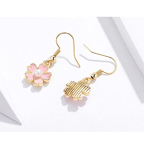 Cute Pink Flower Pearl Small Dangle Drop Earrings for Women Sensitive Ear Boho Tiny Little Charm Hook Dangling Hanging Hypoallergenic Dainty Jewelry Daughter Her Bff Holiday2