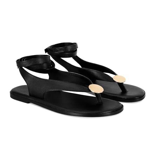 GTBINGGO Black Flat Sandals for Women Strappy Sandals Comfortable Dressy Beach Thong Sandals Flip Flop Slides for Women