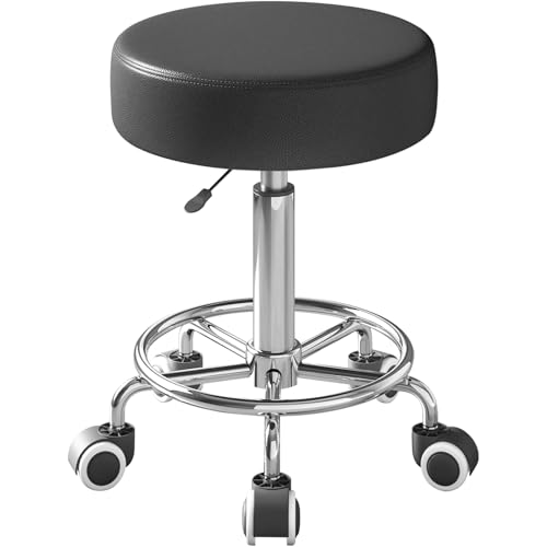 Image of Rolling Stool, Heavy Weight Capacity 250lb, PU Leather Rolling stools, Ultra Soft Padded Seat, Rolling Stools with Wheels and Footrest, 360 Swivel, Spa Drawing Salon Work Office Tattoo Stool (black)