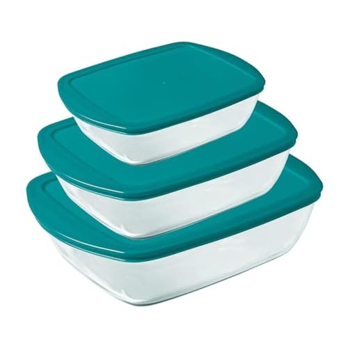 Pyrex Cook & Store - Lot de 3 Boîtes de Conservation Rectangulaires en Verre avec Couvercles - 0.4L, 1.2L, 2.6L - Verre Borosilicate- Larges Poignées - Idéal pour Conserver des Plats - Made in France