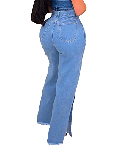 Women's High Waist Frayed Raw Hem Casual Jeans Vintage Straight Leg Regular Fit Slit Side Solid Denim Pants2