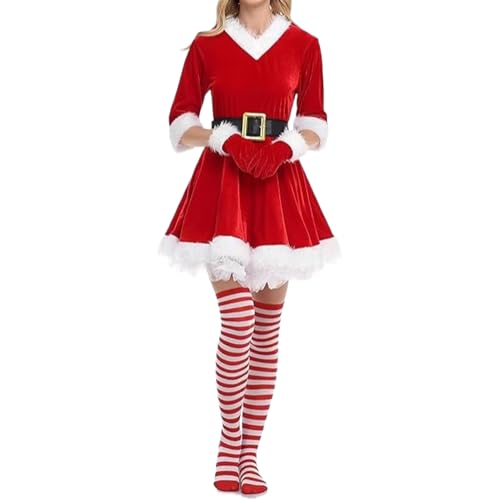 Hugsweet Traje de Santa Mujer - Vestido de Navidad Mujer Disfraz de Papá Noel con Cinturón Gorra Calcetines,Ropa De Interpretación Para Fotos Familiares Y Eventos