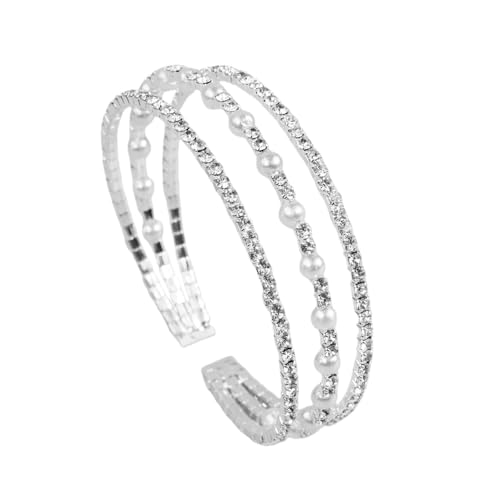 YERTTER Multi Row Layered Glitter Cuff Bracelets Faux Pearl Bracelet Stretch Tennis Chain Rhinestone Adjustable Band Cuff Elastic Bangle 1920s Bridal Body Jewelry Accessories for Women and Girls Wedding (Cuff-3 Row Silver)