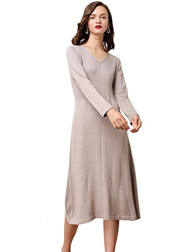 FINCATI Cashmere Sweater Dresses Knitted V Neck A-Line Knee Length Elegant Soft Warm Winter Dress (Camel, 10/12)