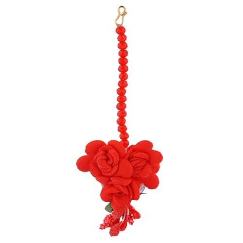 Joyería india de perlas rojas con pendientes y Maang Tikka para bodas Haldi 7