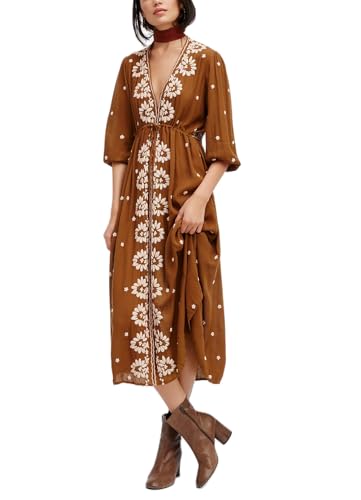 Women Boho Flowy Maxi Dress Floral Embroidered Puff Sleeve Long Dress Drawstring Deep V Neck Vacation Beach Sundress