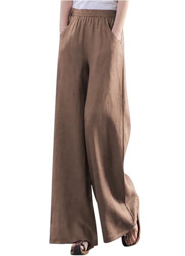 Image of KOTTY Women's Crumble Fabric High Waist Solid Color Drawstring Wide Leg Trousers Loose with Pockets