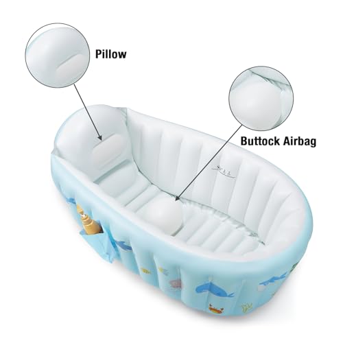 PandaEar Baby Aufblasbare Badewanne, Tragbare Reise Baby Säugling Badewanne Kleinkind Badewanne mit Luftpumpe, Faltbare rutschfeste Duschbecken Mini Luft Schwimmbad für Neugeborene (Wal Blau)