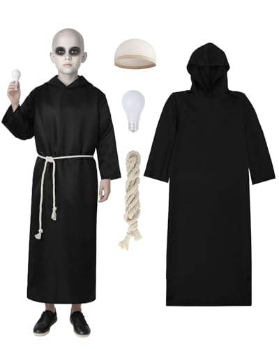 NTYNTY Uncle Fester Costume Set for Kids - Long Black Robe Cord Belt Wig Cap PU Fake Light Bulb for Halloween Costume Party